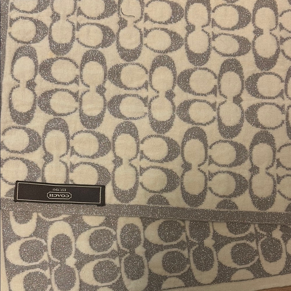 Coach Silver and White Reversible Scarf With Sparkles